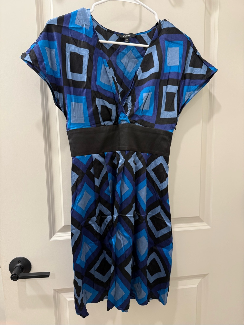 Express Y2K Silk Mini Dress Blue Black Geometric Print V-Neck Cap Sleeve XS